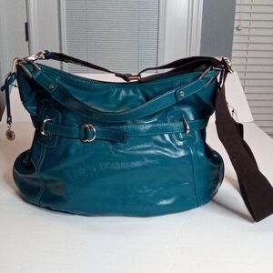 Teal Leather Shoulder Bag with removable Crossbody Strap.